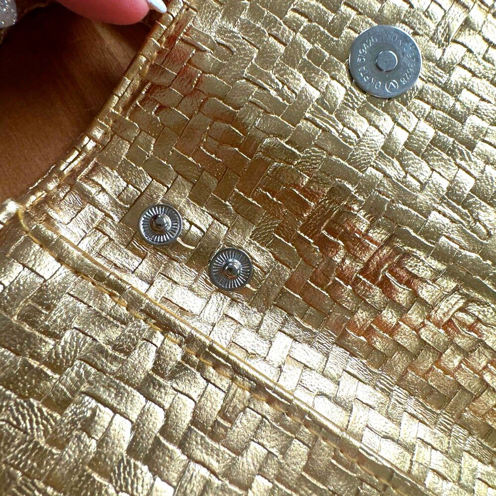 Gold Woven PU Vegan Leather Metallic Lined Convertible Clutch Removable Strap - Picture 6 of 10